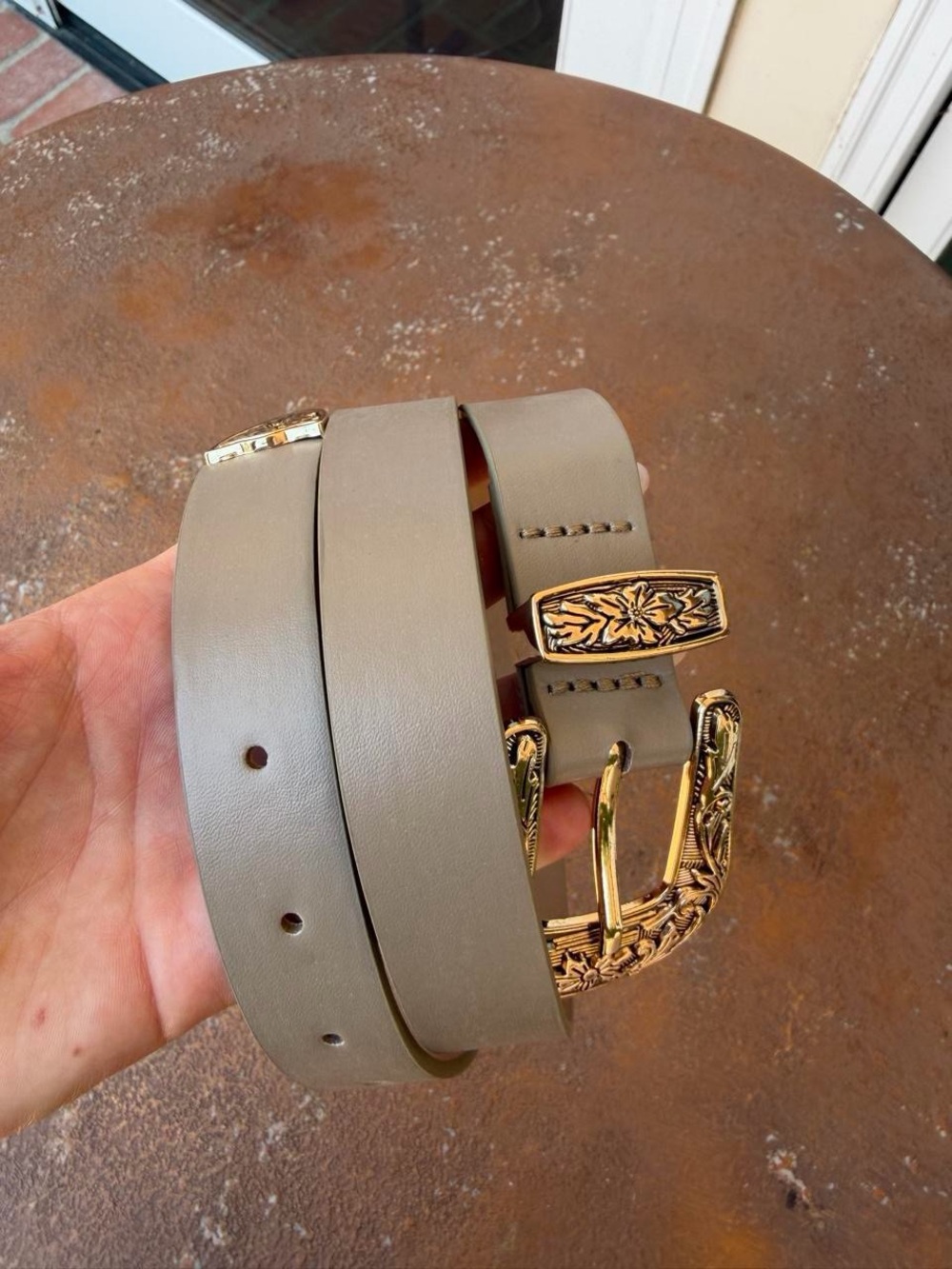Grey faux leather belt with gold buckle and floral design #western #cowboy 36.5 - Picture 3 of 5